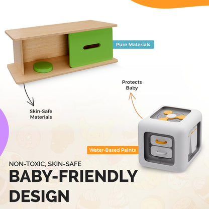 SmileyBubs Montessori Baby Toys 6-12 Months, Montessori Toys for 1 Year Old, Baby Sensory Toys for 6-12 Month Infants - A Sliding Box, Puzzle, Switchboard, Pulling Carrots, Doll, Fruit Flash Cards