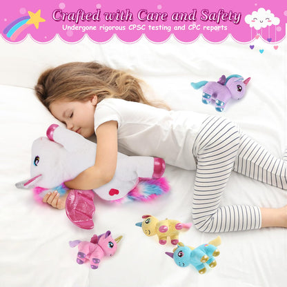 gnomantic 5 Pieces Unicorn Stuffed Animals - 1 Mommy Stuffed Unicorn with 4 Babies - Unicorns Gifts for Girls Ages 3 4 5 6 7 8, Unicorns Plush Toys for Christmas, Valentine's, Birthday Gifts (Pink)