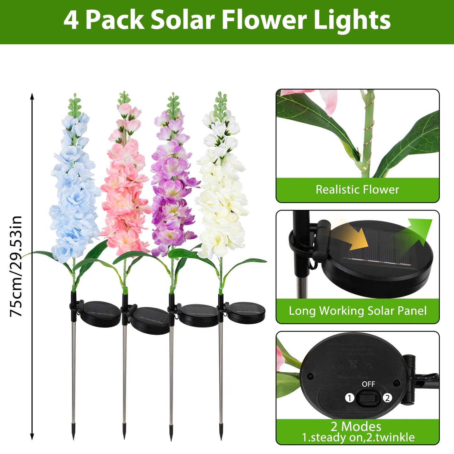 4 Pack Color Changing Solar Lights Outdoor Waterproof, Solar Delphinium Flower Stake Lights Auto ON/Off Solar Garden Lights for Spring Lawn Pathway Landscape Birthday Gifts for Mom Women Grandma