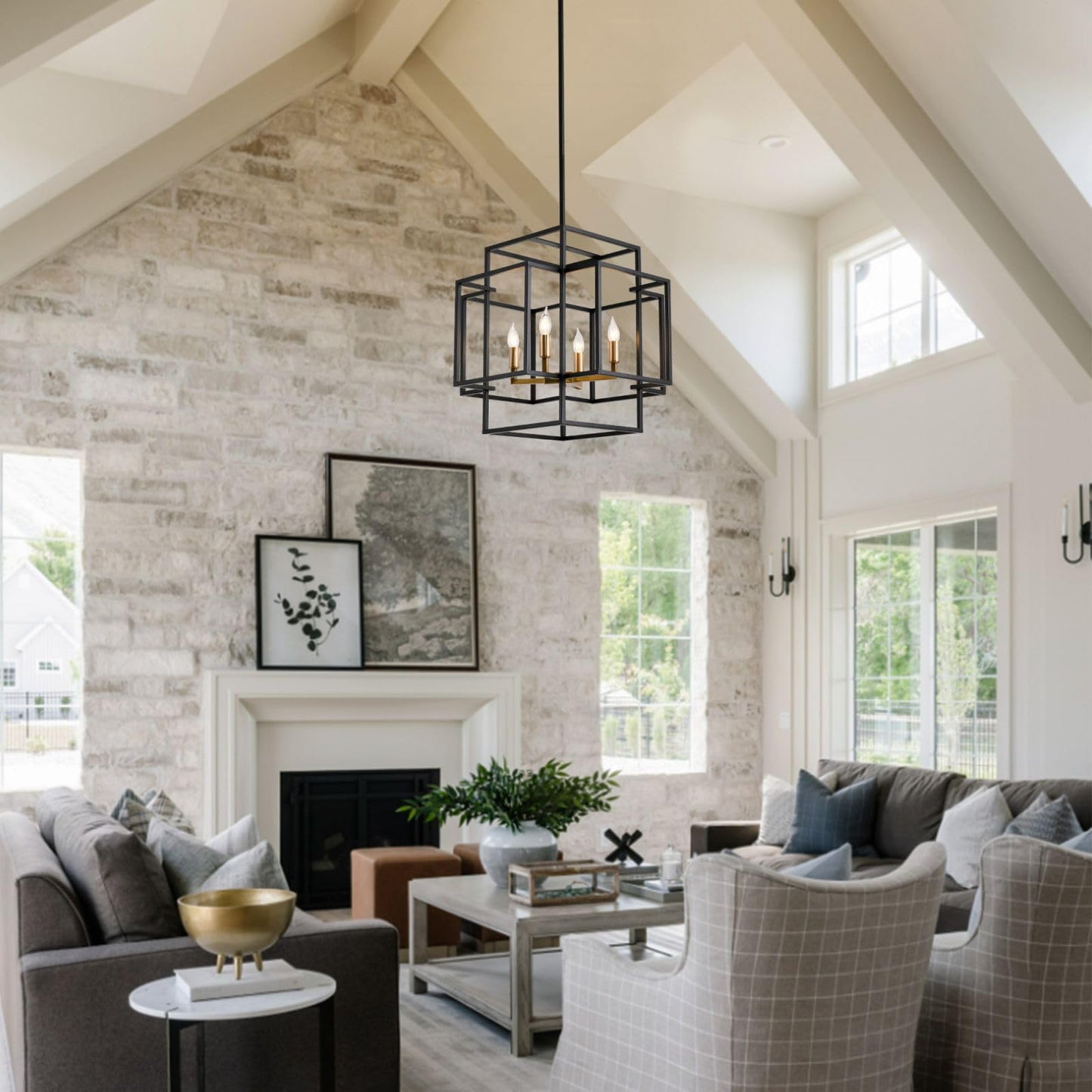 WJShome 4-Light Black and Gold Chandelier, Farmhouse Lantern Pendant Light, Industrial Ceiling Foyer Lighting Fixtures, Modern Chandeliers for Dining Room, for Kitchen Island Entryway Staircase