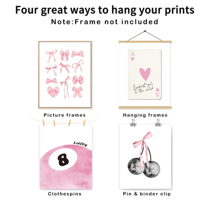 okaxscm Pink Coquette Trendy Preppy Wall Art Prints Set of 4, Coquette Room Decor, Preppy Room Decor Aesthetic, Pink Bow Disco 8 Ball Cherry Wall Decor Posters for Girls Bedroom Dorm, 8x10 Unframed