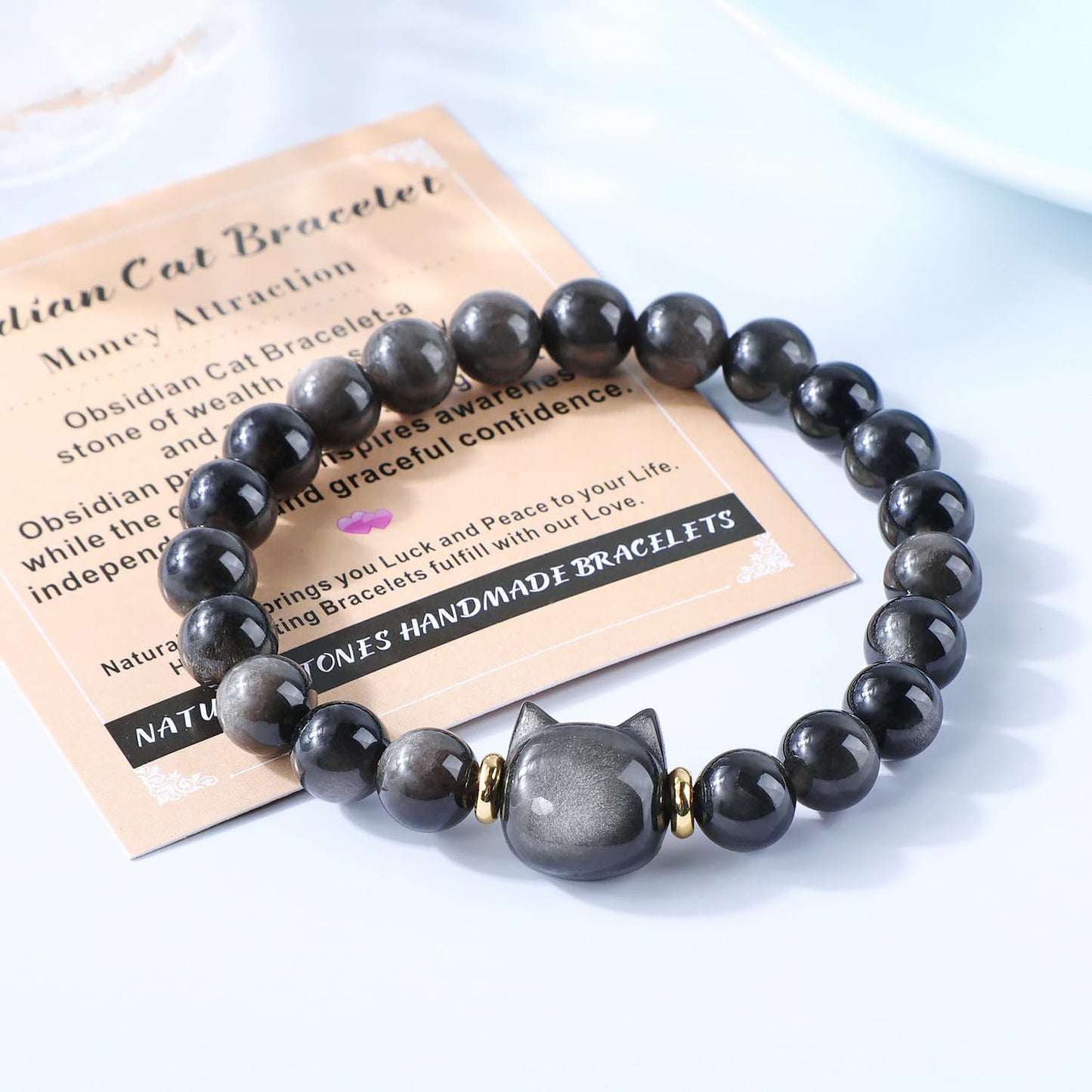 AD Beads 4mm Handmade Obsidian Cat Bracelet Elastic Bracelet – Natural Gemstone for Money Attraction – Meditation, Yoga, Healing and Energy Gift for Men Women