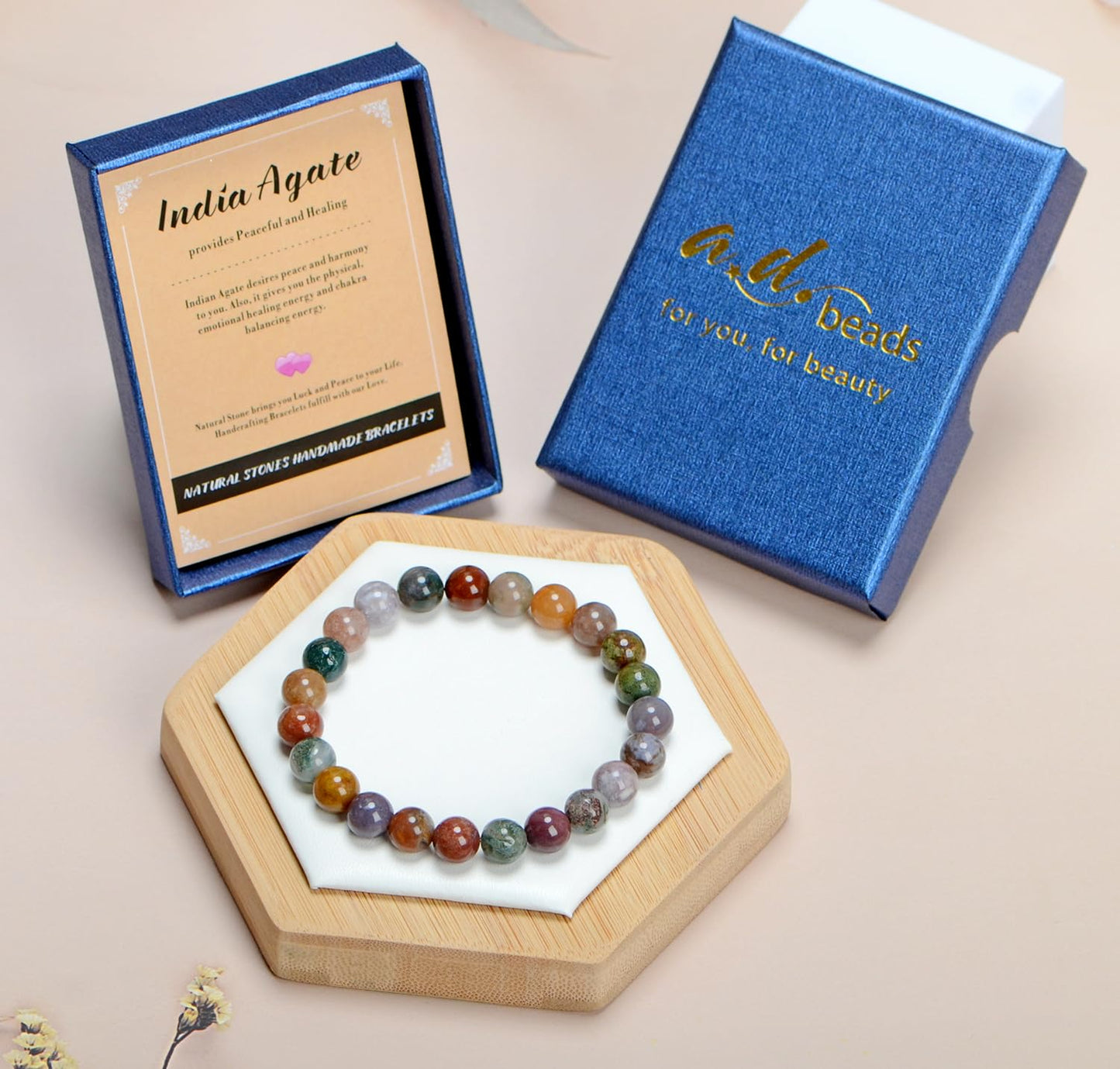 AD Beads Handmade Gemstone Stretch Elastic Bracelet Crystal Healing Reiki Nature's Beauty and Spiritual Essence Unisex (4mm, Indian Agate)