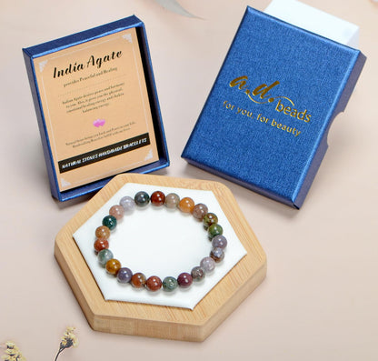 AD Beads Handmade Gemstone Stretch Elastic Bracelet Crystal Healing Reiki Nature's Beauty and Spiritual Essence Unisex (10mm, Indian Agate)