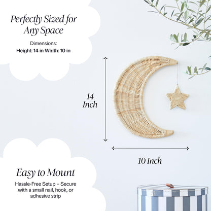 BEBE BASK Handmade Rattan Moon Wall Decor with Star - 100% Natural Organic Rattan Moon Decor for The Boho Nursery Decor - Moon and Stars Nursery Décor