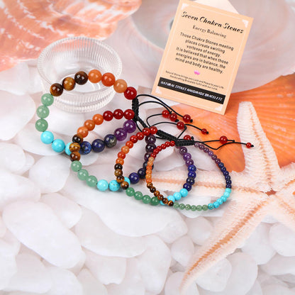 AD Beads 6mm Seven Chakra - Energy Balancing - Handmade Natural Stone Crystal Bracelet with Adjustable Macrame String - Yoga Healing Power Energy Gifts for Men and Women