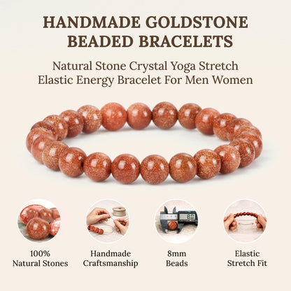 Elm City Direct 8mm Natural Stone Beaded Bracelet – Unisex Crystal Stretch Bracelets for Men & Women, Chakra & Healing Jewelry, Gift-Ready Beaded Bracelets (Gold Stone, 8mm)