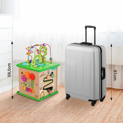 TOOKYLAND 5 in 1 Activity Center, Wooden Large Activity Play Cube 23"X13"X13", Wooden Learning Puzzle Toy for Toddlers, with Animal Friends, Shapes, Mazes, Shape Sorter