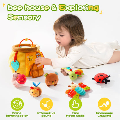 Koty Baby Toys 0-6 Months,Bee House Sensory Toy, Interactive Plush Beehive wtih rattles, queaker, Mirror, Busy Montessori Soft Toys for Toddlers 0-3,Development Toy for Infants 6-12 Months