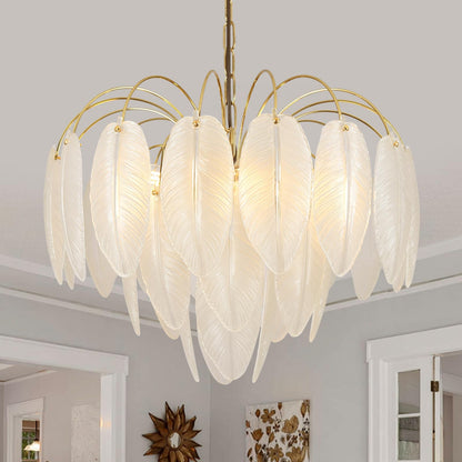 KELUOLY Modern Gold Chandelier, 19.29" Creativity Feather Glass Pendant Ceiling Light Fixtures 6-Light Round Chandelier Luxury 3 Tiers Hanging Chandelier for Dining Room Foyer Living Room Bedroom
