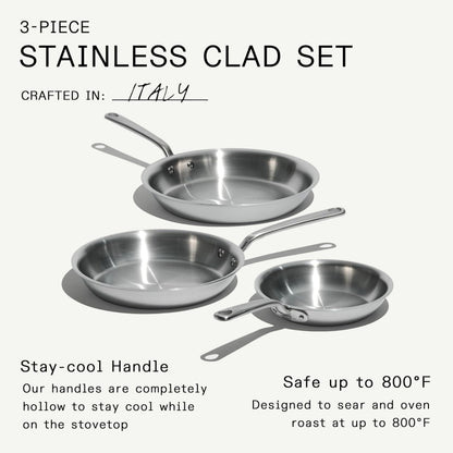 Made In Cookware | 3-Piece (Includes 8",10",12") Stainless Frying Pan Set | 5 Ply Stainless Clad | Professional Cookware | Crafted in Italy | Induction Compatible