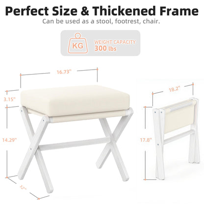 BAMBOOHOMIE Foldable Foot Stool Ottoman, Modern Foot Rest with Bamboo X Legs & Thick Foam Cushion, Folding Foot Stools Small Padded for Bedroom Living Room, Footstool for Chair Couch (White - White)