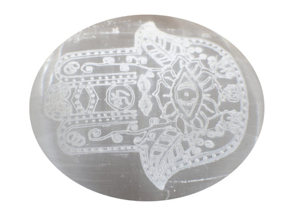 Amazing Gemstone Selenite Palm Stone - Hamsa Hand Engraved Hot Massage Worry Stone for Natural Body Chakra Balancing, Reiki Healing and Crystal Grid