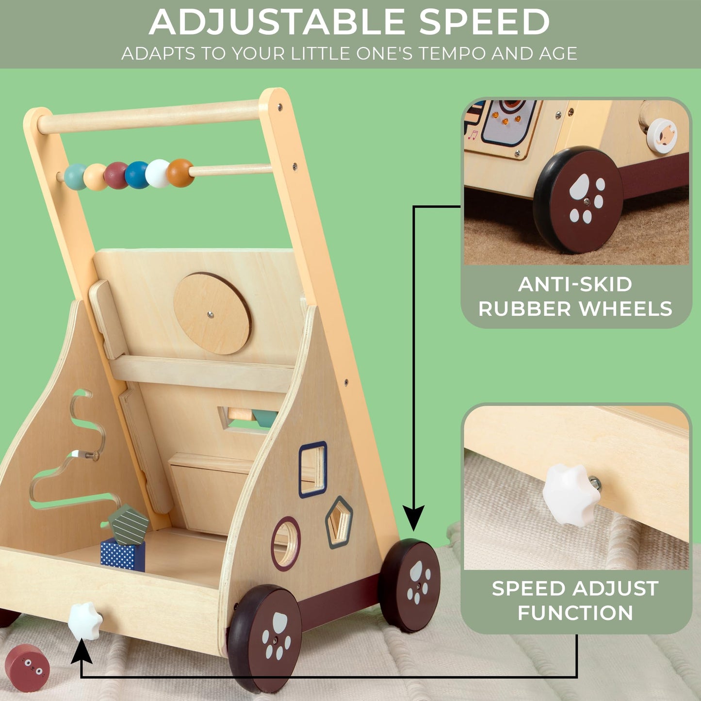 Wooden Baby Push Walker with Musical Activity Busy Board – 2-in-1 Montessori Learning Toy with Adjustable Speed, Bead Maze, Shape Sorter & Gear Wheels | Walk & Play Toy for Toddlers 9 –18 Months
