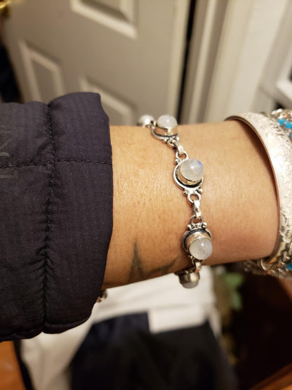 Natural Moonstone 925 Silver Plated Round Gemstone Link Bracelet for Women - White Stone June Birthstone Vintage Style Adjustable Bracelet - Handmade Gifts for Mom Wife Sister Her