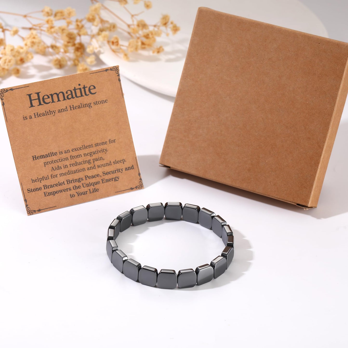 DONYUDE Hematite Bracelet for Men Black Natural Hematite to Reclaim Energy Confidence Elastic Crystal Bracelets Motivational Gift Unleash Your Inner Strength Birthday Gifts Jewelry