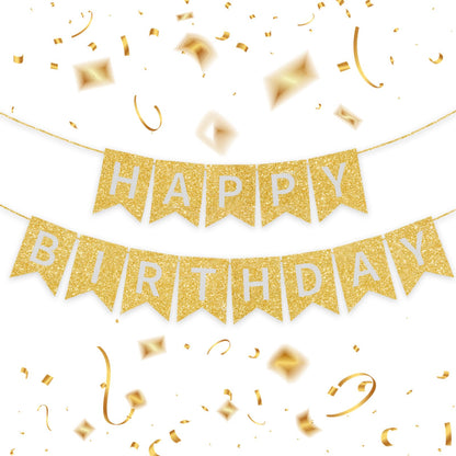 Gold Happy Birthday Banner - 16 ft Pre-Strung Gold Birthday Party Decorations Sign for Girls, Boys, Kids, Women - No DIY Hanging Backdrop for Indoor & Outdoor Celebrations