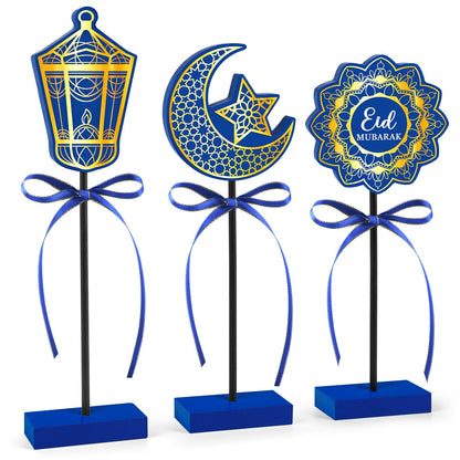 3 PCS Ramadan Table Decorations Wooden Eid Mubarak Signs Rustic Islamic Ramadan Tiered Tray Decor for Muslim Party Home Kitchen Decor (Blue.Classic)