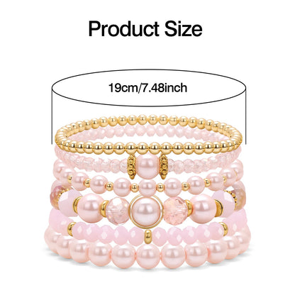 Raicegs 6PCS Beaded Bracelet 14K Gold Pearl Stretch Bracelet Stackable Crystal Beads Bracelets Boho Trendy Jewelry Gift for Women