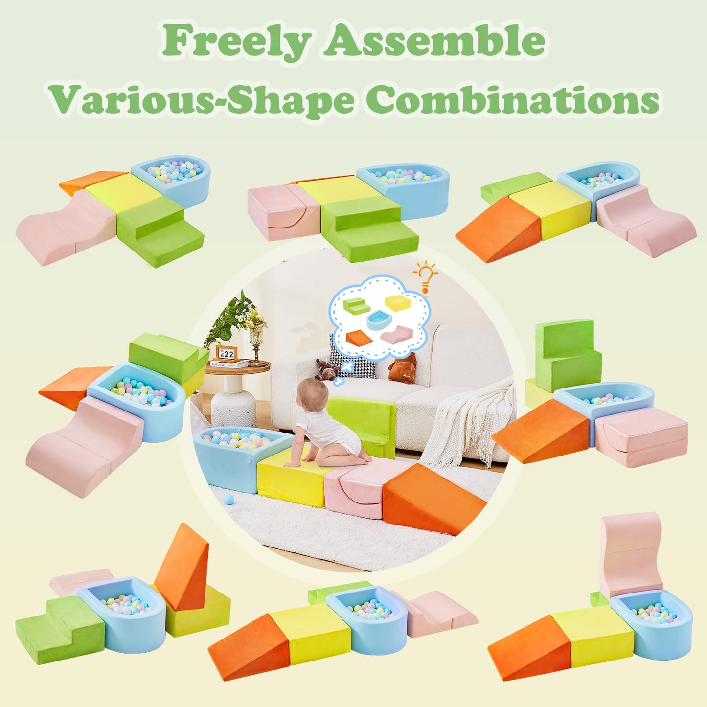 5-Piece Climbing Toys for Toddlers 1-3 , Baby Foam Blocks,Toddler Climbing Toys Indoor with Foam Ball Pit (Balls not Included), Soft Foam Climbing Blocks Set Indoor Play Gym for Crawling and Sliding