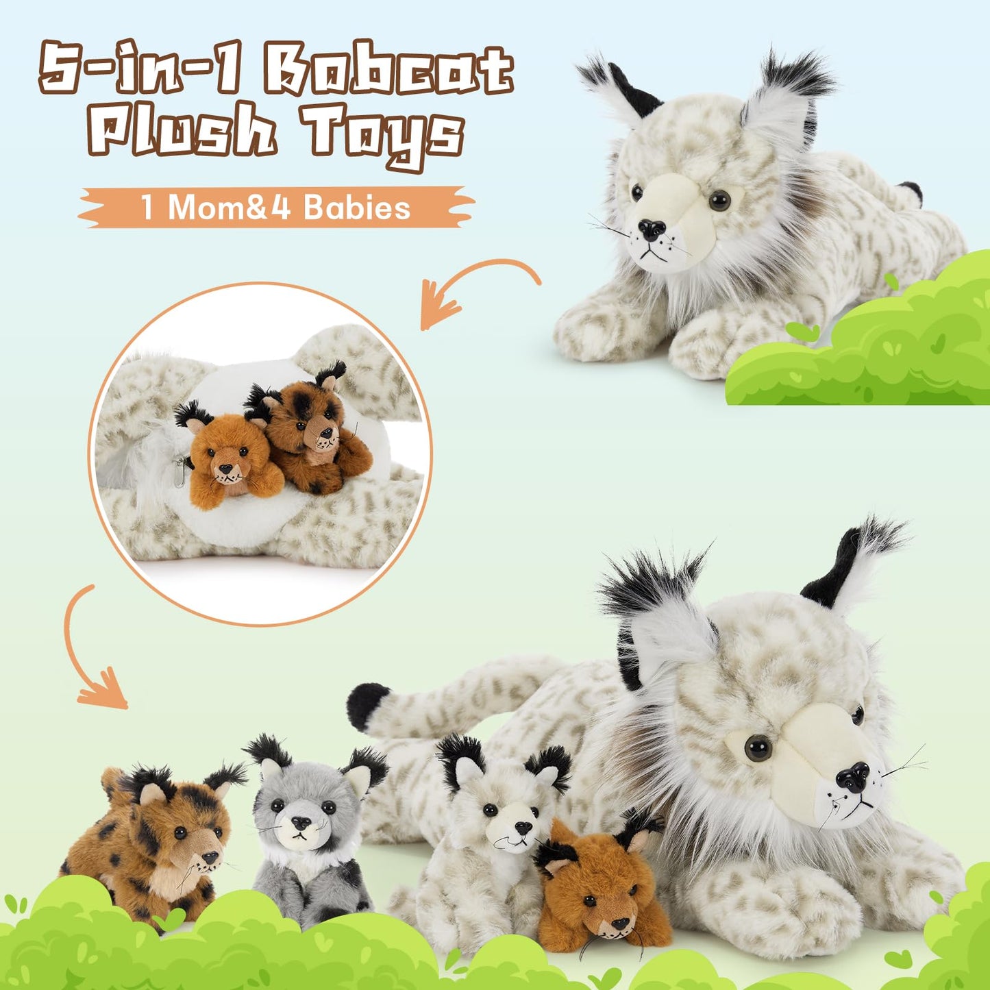 Muiteiur 5 Piece Lynx Stuffed Animals, Soft Bobcat Stuffed Animals with Babies,18-inch Cute Plush Toy for Kids Girls Boys, Fun Gift for Birthday Children Day (White)