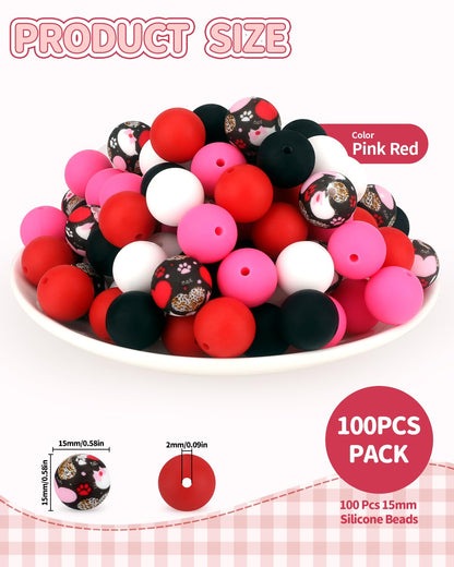 SALUOKE 100 Pcs 15mm Silicone Beads for Keychain Making, Pink Red Silicone Beads Bulk Round for Bracelets Pens Crafts Jewelry Making (Pink Red)