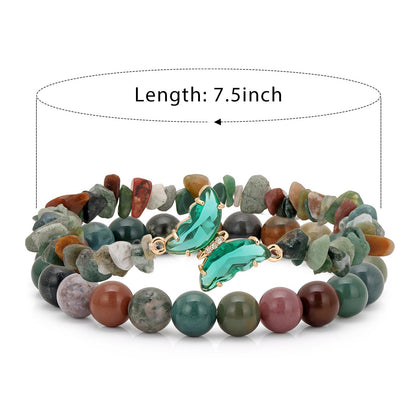 GolbalJew Indian Agate Beaded Bracelet for Women Healing Crystal Stone Beads Stretch Bracelets Butterfly Charms Jewelry Women Gift