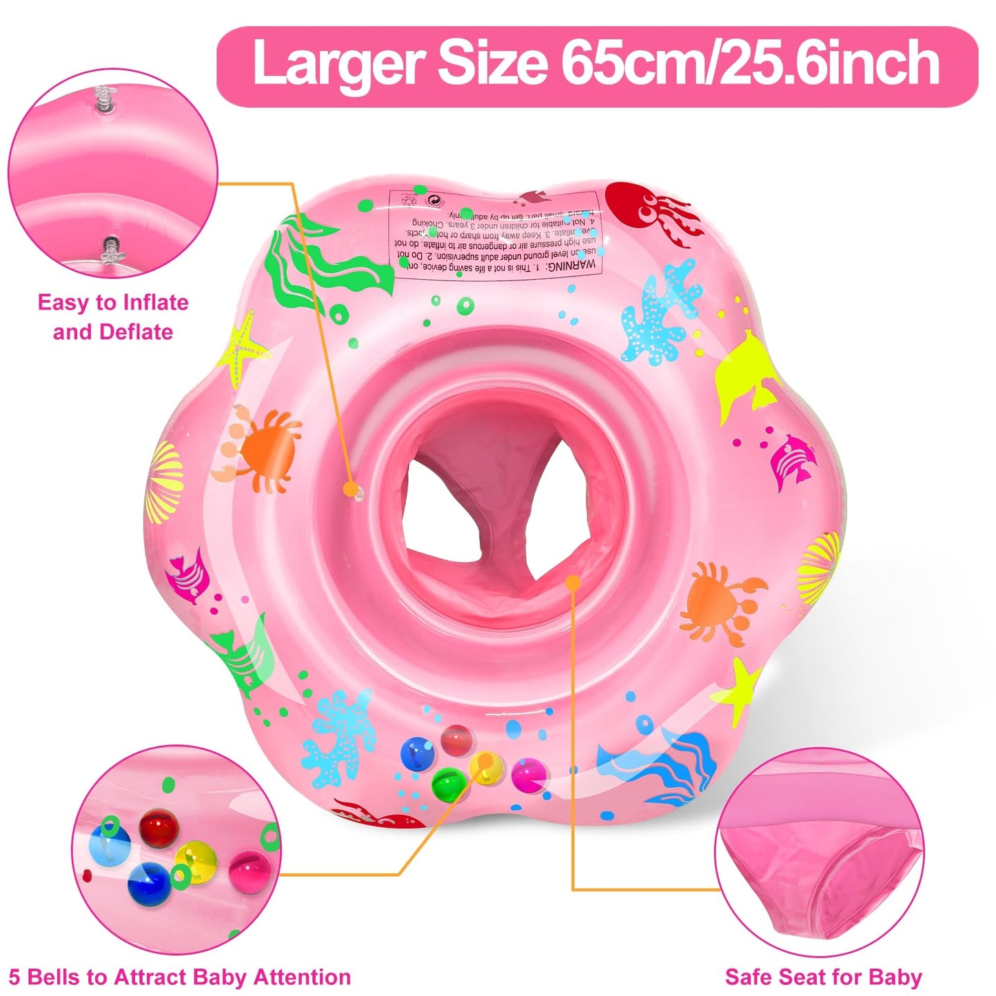 25.6" Inflatable Baby Pool Float for 6-36 Months Anti-Flip Safety Baby Swimming Float Toddler Swim Trainer Water Toys, Infant Swim Floats, Toddler Floaties, Kids Beach Toys Summer Essentials