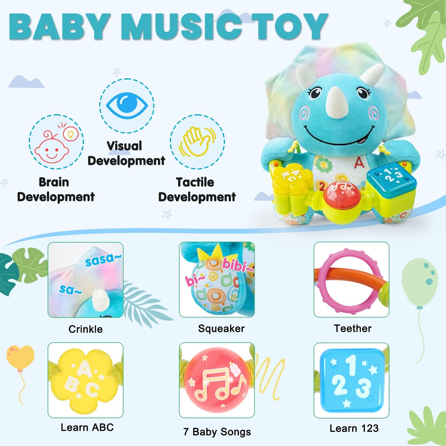 Ryotagift Baby Bilingual Musical Dinosaur Stuffed Animals Toys,Infant Early Learning Toy with Light-Up Music & Crinkle,Tummy Time Toys for 0 3 6 9 12+ Months for Baby Boy Girl Gift