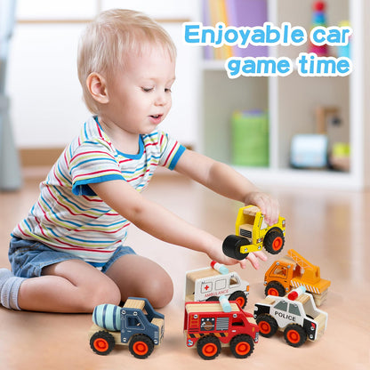 DIPALENT 6Pcs Wooden Cars for Toddlers 1-3,Car Toys,Push and Go Vehicle,Kid Vehicle Toys,Hand Push Car Toys for 1+ Year Old,Montessori