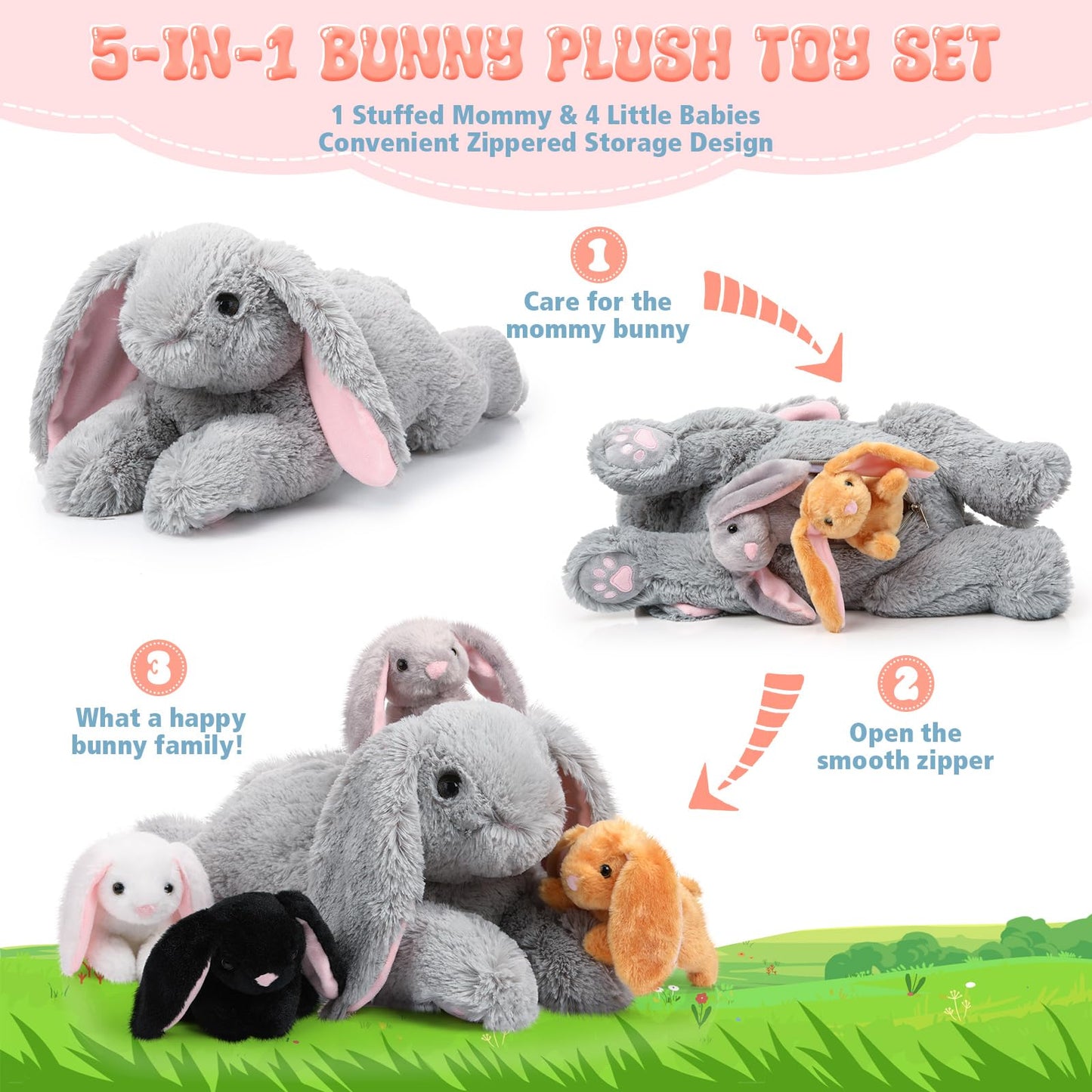 Sratte 5 Pcs Bunny Stuffed Animal Set Large Mommy Bunny Plush with 4 Cute Stuffed Baby Rabbit in Her Belly Soft Cuddly Rabbit Plush Gift for Birthday Baby Shower Party Favor(Gray,Lying Style)
