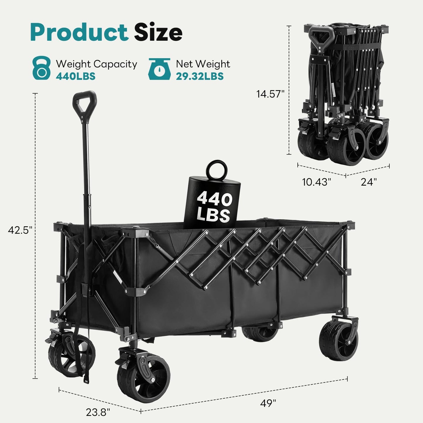 OLIXIS Collapsible Wagon Cart - 440lbs Foldable Extra Long Heavy Duty Utility Wagon with Wheels, Portable Storage Grocery Cart for Camping, Shopping, Sports, Beach, Garden (Black, 48" L)