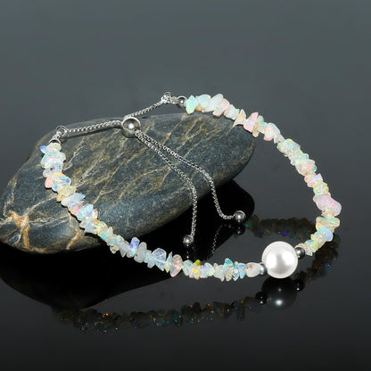 Crystals for Calm - Natural Ethiopian Opal Beads Slider Bracelet with Elegant Pearl, High Grade Nuggets Crystal, Chakra Healing Gemstone, Gift Giving Women Jewelry, Silver Plated Slider 10 inch