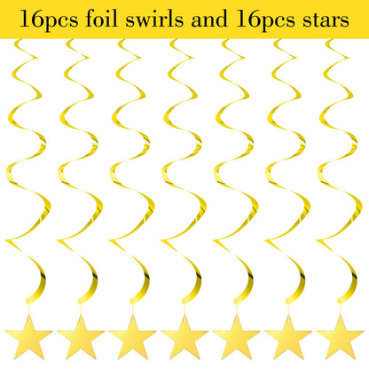 MBAIYO 36Pcs Gold Star Hanging Swirl Decorations,Sparkling Gold Ceiling Swirl Foil Ornaments for Birthday Graduation Wedding Engagement Christmas Decor