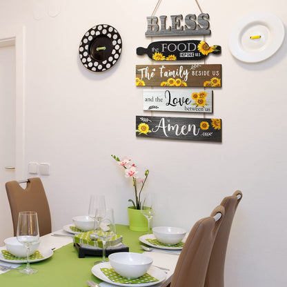 Wesiti 5 Pieces Kitchen Wall Decor Bless the Food Before Us Sign Farmhouse Rustic Dining Room Wall Art Wooden Hanging Signs for Kitchen Decor Hanging Plaque for Home(Sunflower)