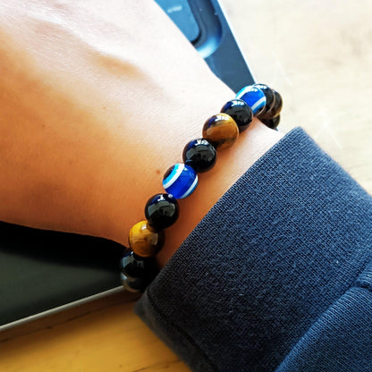 WEFRIN Evil Eye with Hematite Black Obsidian Tiger Eye Stone Triple Protection Bracelets for Men Women, Crystal Healing Stone Bracelet Bring Luck Prosperity and Happiness Jewelry (D-10mm)