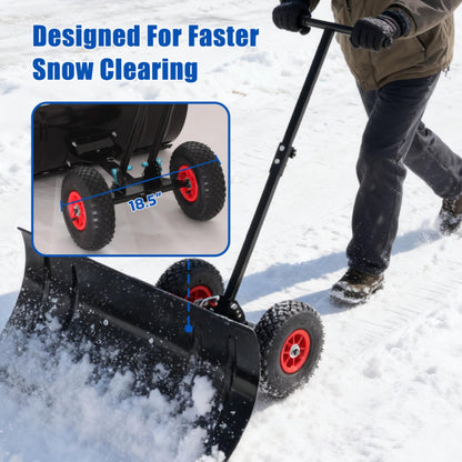 Snow Shovel with Wheels,29" Wide Metal Snow Pusher Shovel with 15" Height &10" Wheels,Adjustable Angle&Height Handle,Effortless Snow Removal,Ergonomic Design for Driveway&Sidewalk (Black Single Rod)