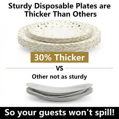 hapray 201 PCS Disposable Paper Plates Gold Party Supplies, Golden Polka Dots Birthday and Baptism Decorations, include Plates and Cups, Napkins, Plastic Tablecloth for Baby Shower Wedding Christmas