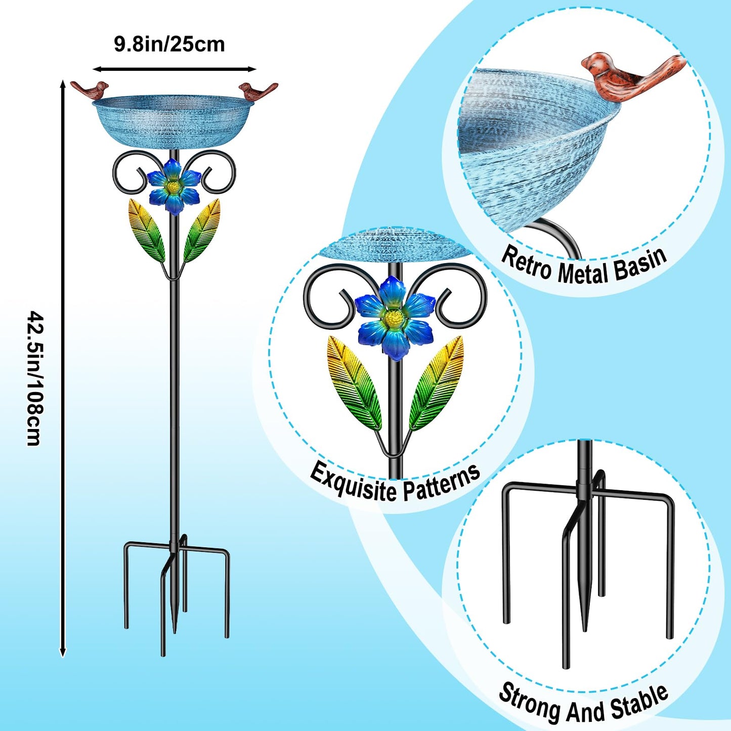 SHUONIVS Metal Bird Bath for Outside, Freestanding Birdbaths Detachable Decoration Spa Birdfeeder, Bird Baths Feeder Bowl for Outdoors Garden Patio Yard Lawn Decor (Blue+Flower)