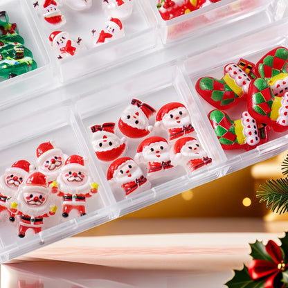 18Girds/2Boxes Christmas Nail Charms Colorful Mini Snowman Xmas Tree Nail Art Charms Reindeer Bell Nail Rhinestones 3D Resin Red Bow Heart Nail Diamond Green Half Round Beads Nail Gems for Women DIY