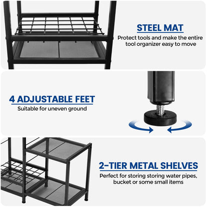 Garden Tool Organizer with 2-Tier Steel Shelves, Holds 50 Long-Handled Tools/Rakes/Brooms/Shovles for Garage Organization and Storage, Shed, Outdoor, Lawn, Heavy-Duty Steel, Black, Easy Assembly