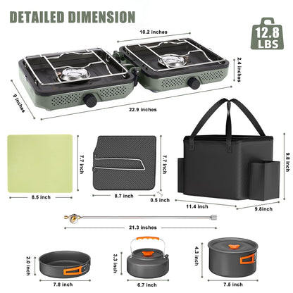Hisencn 2 Burner Propane Camping Stove, 30000 BTU Foldable Portable Gas Stove with Cookware Set & Carry Bag, Outdoor Cooking for Camping, RV, Emergency Use, Green