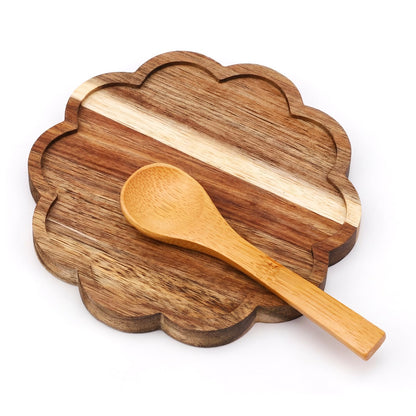 Hushee Round Scalloped Spoon Rest for Stove Top 5 Inch Acacia Wood Spoon Holder for Kitchen Countertop Decorative Utensil, Farmhouse Rustic Dining Table Decoration