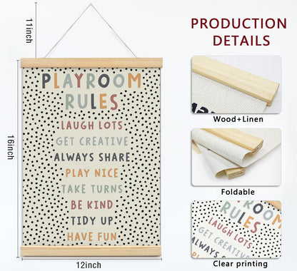 Playroom Kids Tollder Room Wall Decor, Play Room Rules Wall Decor for Kids Play Game Room Bedroom Nursery Home School Playroom Essentials, Canvas Hanging Banner Wood Poster Frameds 12x16 Inch