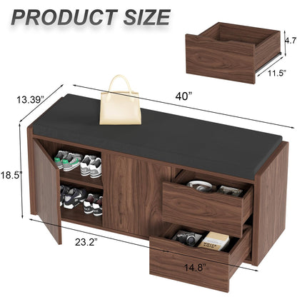LVB 40” Entryway Storage Bench with Padded Seat Cushion, Wood Hidden Shoe Organizer Bench with 2 Drawers Cabinet, Industrial Shoe Bench for Foyer Entrance Living Bedroom, Walnut Oak, 40 inch