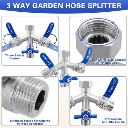 Garden Hose Splitter 3 Way, Heavy Duty 304 Stainless Steel Hose Splitter with Shut-off Valves, Full Flow Garden Water Hose Bib Spigot Splitter, 3/4'' GHT Thread Outdoor Faucet Splitter