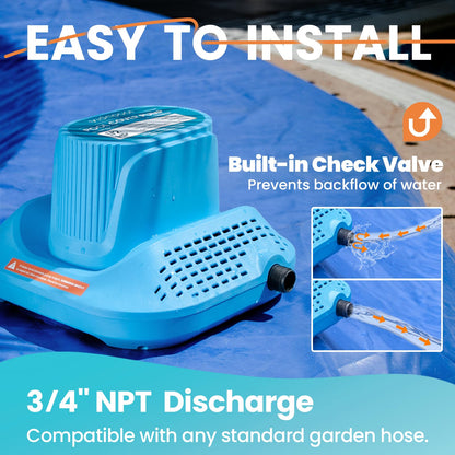 Vidapool 1/2 HP Pool Cover Pump Automatic On Off, Submersible Sump Pump Inground/Above Ground, 2169 GPH Water Removal Pump with 25 Feet Power Cord for Swimming Pool, Pond, Basement, Window Well, Blue