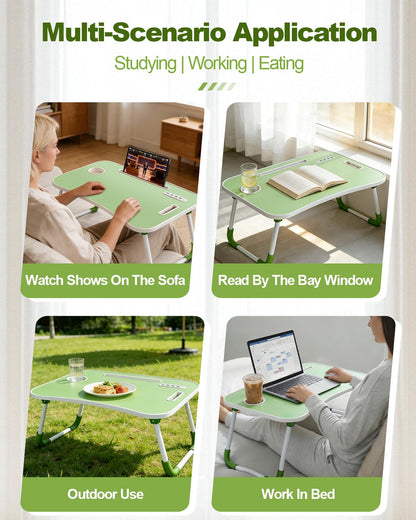 Foldable Laptop Bed Desk with Cup Holder and Fan Slot, Portable Lap Table for Work and Study, 23x15.5x9.65 Inches (Green)