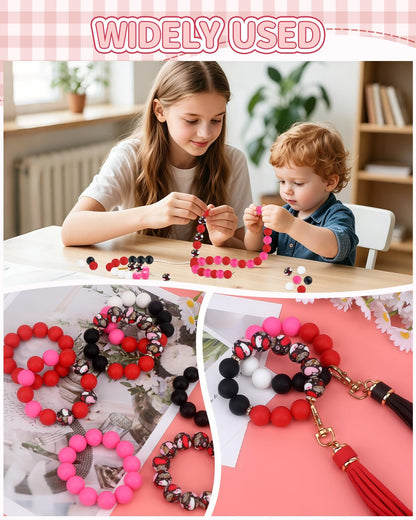 SALUOKE 100 Pcs 15mm Silicone Beads for Keychain Making, Pink Red Silicone Beads Bulk Round for Bracelets Pens Crafts Jewelry Making (Pink Red)