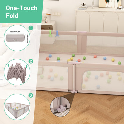 Foldable Playpen with Mat for Babies and Toddlers, 73" x 61" Baby Play Pen for Indoor & Outdoor, Playard with Soft Breathable Mesh, Pull-Link and Ocean Balls, Pink